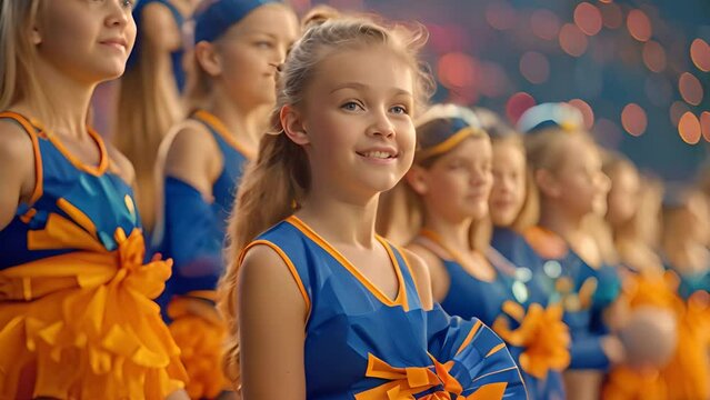 Young cheerleaders compete in the cheerleading competition, athletes perform on stage, and girls hold pompons.