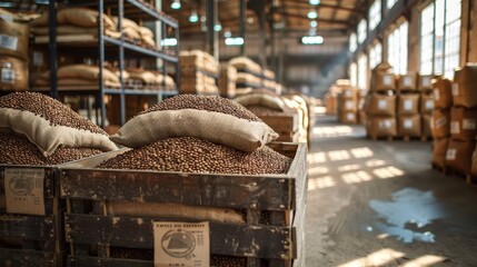 Crates packed with coffee beans, shipping labels visible, arranged in a spacious warehouse with natural lighting