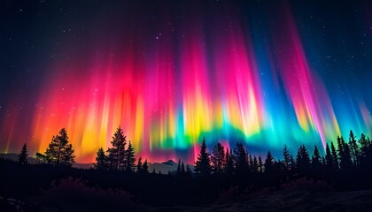 Stunning display of multicolored Northern Lights over a forested landscape, radiating vibrant hues of pink, green, and blue in the night sky.