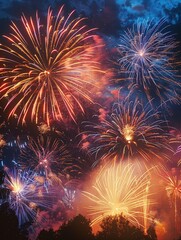 Obraz premium An overhead view of a nighttime fireworks display, with vibrant bursts of color illuminating the dark sky. The minimalist composition focuses on the fireworks themselves, capturing the awe and
