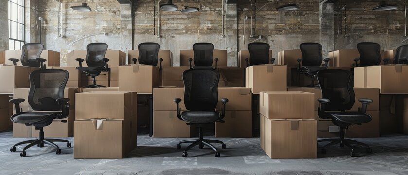 Piles of cardboard boxes filled with office chairs