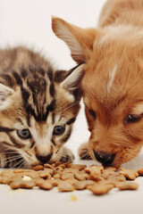 A close-up of a kitten and puppy eating food on an isolated solid background, placed on the corner of the image