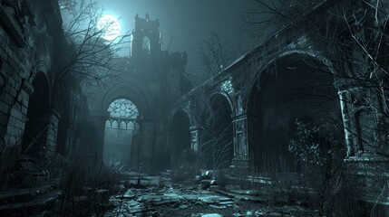 Abandoned castle with walls adorned with alchemical symbols that seem to dance in the light, moonlight casting eerie shadows