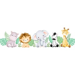Obraz premium Watercolor Seamless Border with Safari Animals and Leaves