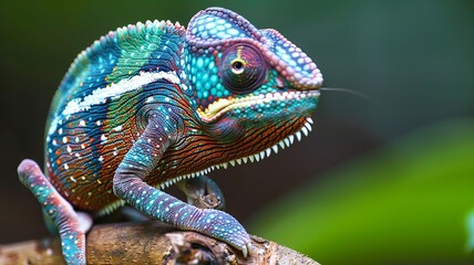 Obraz premium Vibrantly colored chameleon perched on a branch in its natural habitat with a blurred green background.