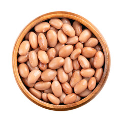 Borlotti beans in a wooden bowl. Cooked and canned cranberry beans, a hazelnut-colored variety of the common bean, Phaseolus vulgaris. Vegetarian staple food. Isolated, from above close-up food photo.