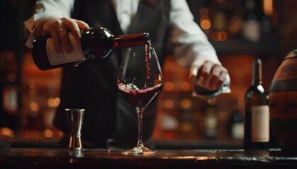 Bartender pouring red wine from bottle into glass indoors, closeup