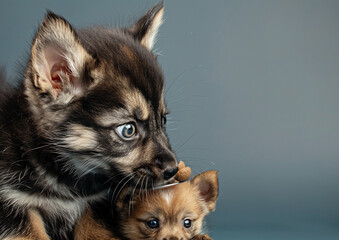 Obraz premium A close-up of a kitten and puppy sharing food on an isolated solid background, placed in the corner