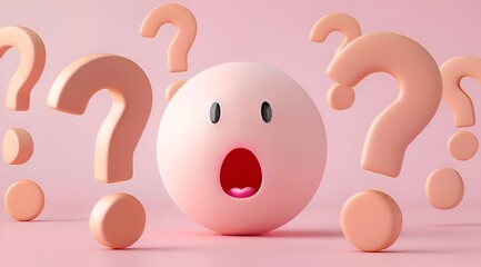 A pink ball with a surprised face and a bunch of pink question marks surrounding it. Concept of curiosity and wonder, as if the ball is asking a question or seeking answers