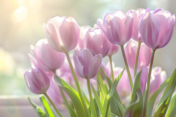 Fototapeta premium Bouquet of lavender tulips, graceful petals glowing in the soft light of dawn. Captivating floral display