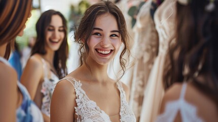 Fototapeta premium Young woman choosing a wedding dress with her friends in a bridal shop, smiling and trying on different dresses
