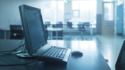 Team's shared computer in a hospital lounge, close-up in fog, deserted, soft focus, early morning light 