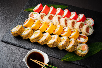 sushi set on the black background