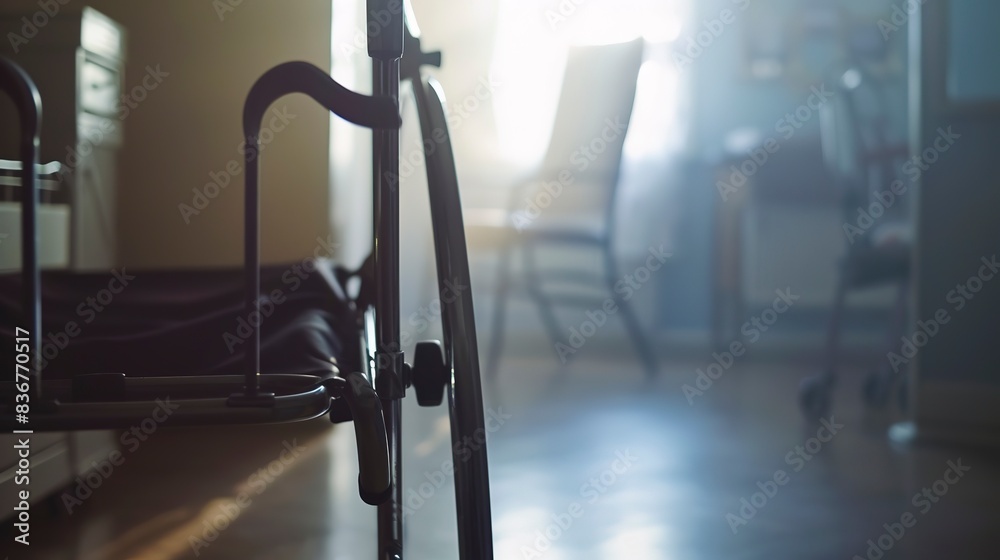 Canvas Prints Close-up of a walker in a senior care room, foggy, no humans, soft focus, dim light 