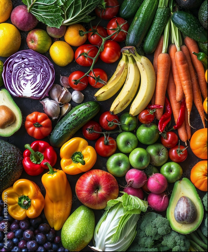 Poster a variety of fruits and vegetables laid out together in a pile