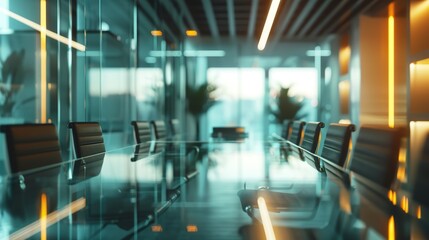 Obraz premium Ultra-Realistic 4K Closeup of a Blurred Office Boardroom with Glass Walls and Table, Capturing a High-Detail Business Meeting Concept