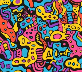 Bright and Cheerful Cartoonish Seamless Pattern of Playful Doodle Shapes in Vibrant Colors