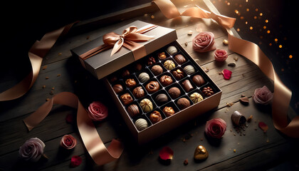 Boîte de chocolats, atmosphère romantique et élégante