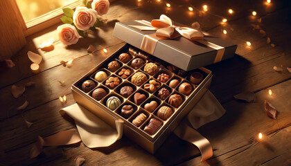 Boîte de chocolats en cadeau dans une ambiance romantique et élégante