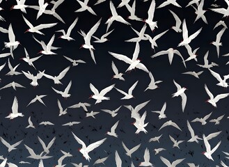 Low flying arctic tern bird swarm silhouette repeating pattern abstract