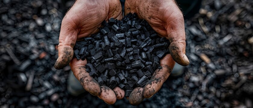 Person holds biochar pellets a charcoal