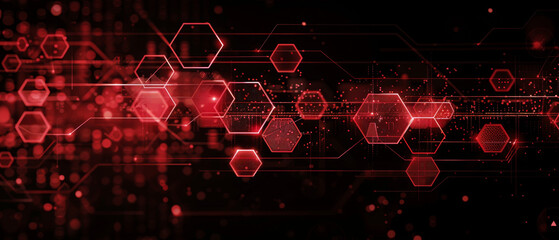 Sleek red and black abstract hexagon and dot design exuding technological elegance.