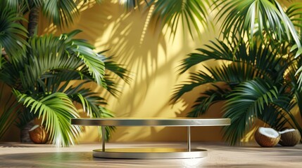 Sleek metal stand with a tropical backdrop of palm trees and coconuts copy space, Tropical Holiday, minimalist
