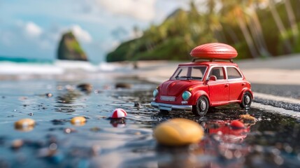 Red toy car on the beach with colorful pebbles and blurred ocean background. Miniature photography for design and print. Summer vacation and travel concept.