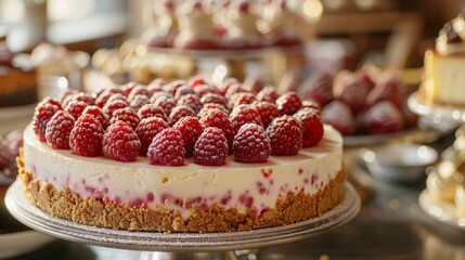 A luscious raspberry cheesecake with a graham cracker crust, positioned front and center with other...