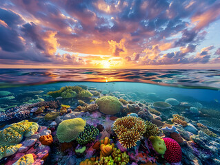 A stunning coral reef glows with vibrant colors as the sun rises in the background.