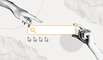 Trendy Halftone Collage Hand points to Search bar. Job for hire online. Find information in internet browser. Data base. Seo marketing concept. Cutout paper elements. Contemporary vector art