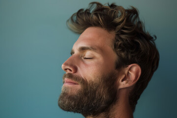 Fototapeta premium A close up of a man with beard and closed eyes looking to a side