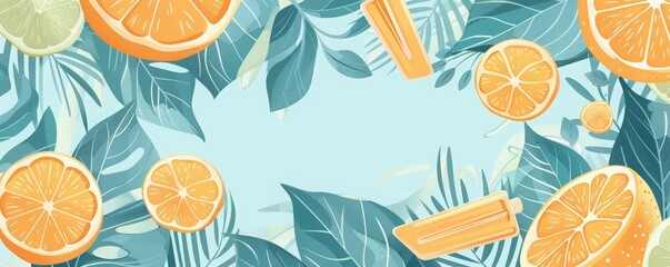 Hello summer, flat illustration with oranges and popsicles, tropical leaves, and watercolor textures. social media and digital marketing.