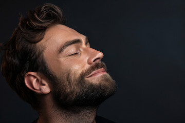 Obraz premium A close up of a man with beard and closed eyes looking to a side