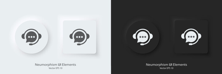 A set of black and white round buttons with chatbot symbols. Chatbot vector icon in trendy neumorphic style. 3D Neumorphism design style for Apps, Websites, Interfaces and mobile app menu.