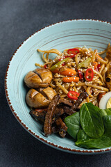 Asian cuisine. Noodles with egg and corn in a plate. On a dark background