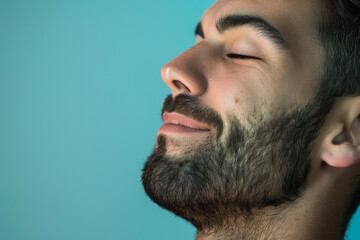 Obraz premium A close up of a man with beard and closed eyes looking to a side