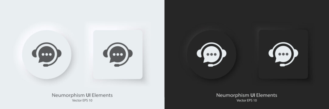 A set of black and white round buttons with chatbot symbols. Chatbot vector icon in trendy neumorphic style. 3D Neumorphism design style for Apps, Websites, Interfaces and mobile app menu.