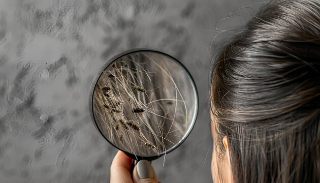 Pediculosis. Woman with lice and nits on grey background, closeup. View through magnifying glass on hair
