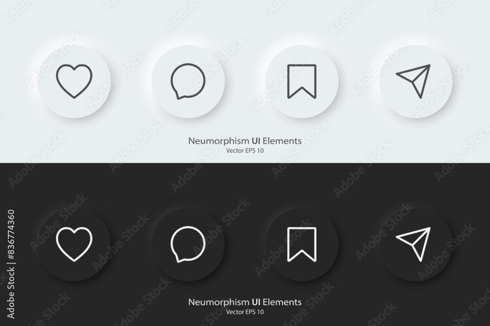 Poster A set of black and white round buttons with social media symbols. Vector icon in trendy neumorphic style. 3D Neumorphism design style for Apps, Websites, Interfaces and mobile app menu.