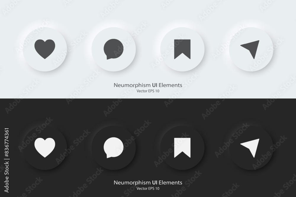 Poster A set of black and white round buttons with social media symbols. Vector icon in trendy neumorphic style. 3D Neumorphism design style for Apps, Websites, Interfaces and mobile app menu.