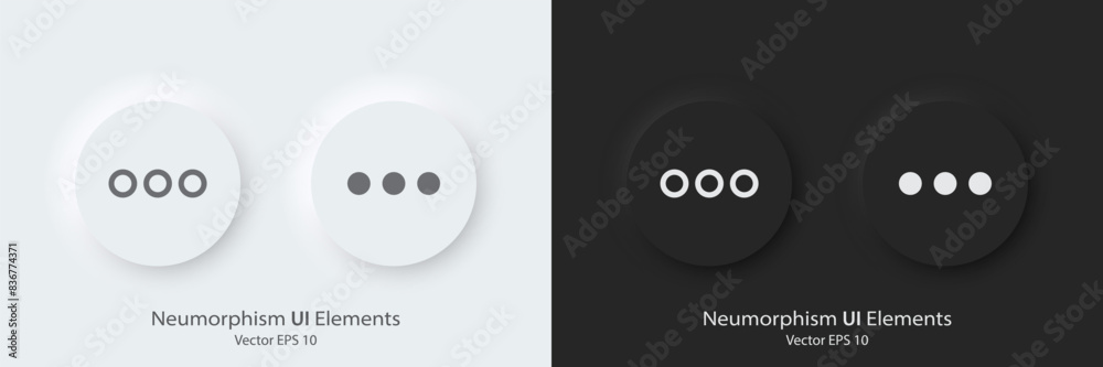 Poster A set of black and white round buttons with see more detail symbols. Vector icon in trendy neumorphic style. 3D Neumorphism design style for Apps, Websites, Interfaces and mobile app menu.