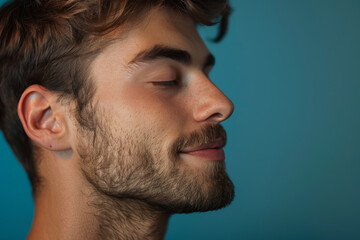 Obraz premium A close up of a man with beard and closed eyes looking to a side