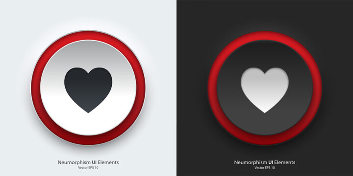 A set of black and white round buttons with heart symbols. Heart vector icon in trendy neumorphic style. 3D Neumorphism design style for Apps, Websites, Interfaces and mobile app menu.