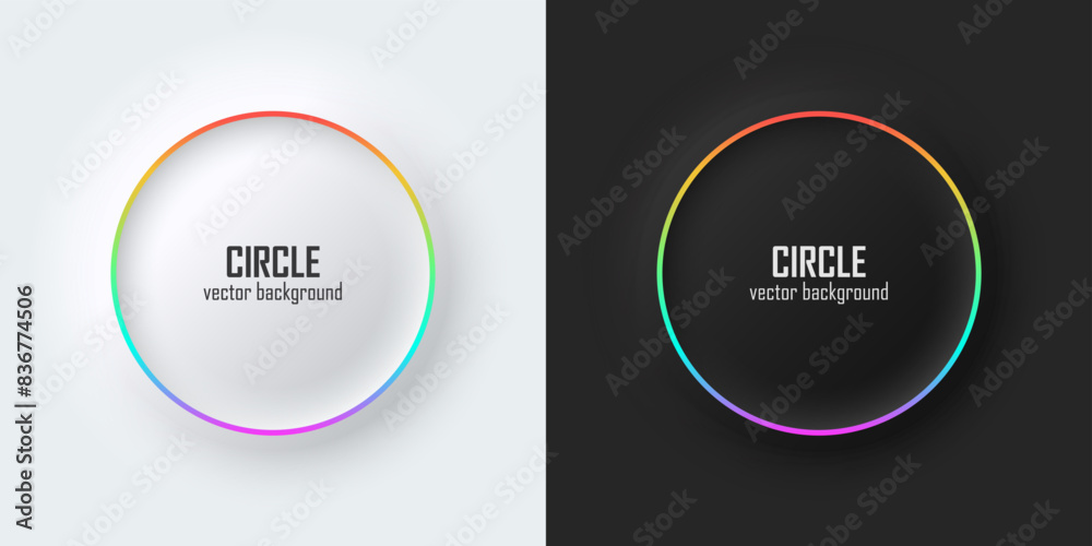 Poster Set of realistic 3d circle, Rainbow illuminate neon lighting, Circles frames on a white and black background in neumorphism style. Elements for design. Top view of podium. EPS10 vector.