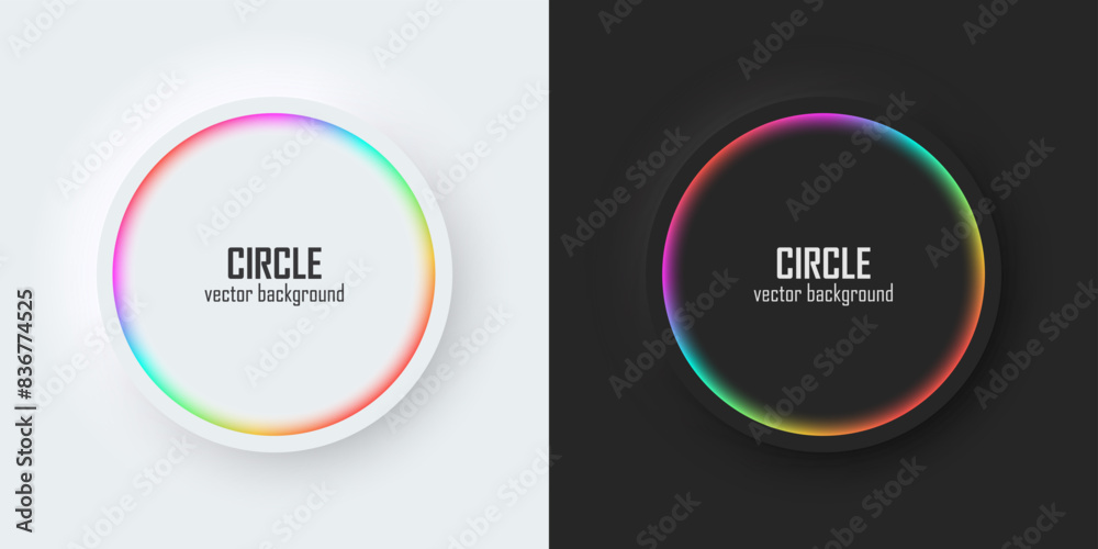Poster Set of realistic 3d circle, Rainbow illuminate neon lighting, Circles frames on a white and black background in neumorphism style. Elements for design. Top view of podium. EPS10 vector.