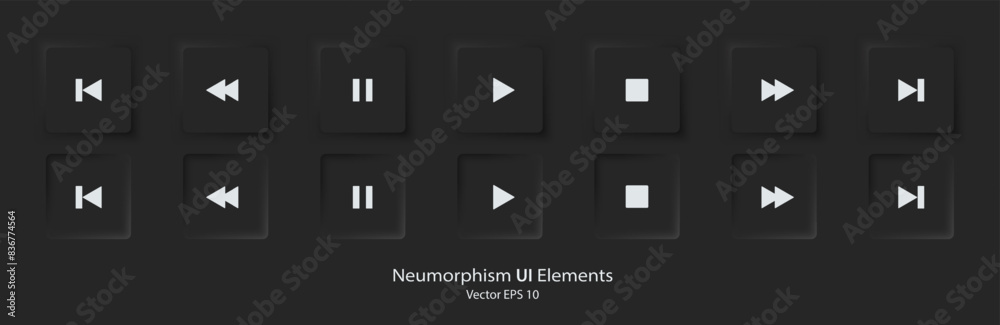 Poster Set of play button icons for music player mobile app. 3d modern design UI button. Neumorphism design style for Apps, Websites, and Interfaces. Vector illustration EPS 10.