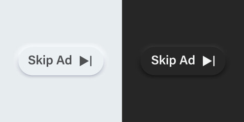A set of black and white bar buttons with Skip ad symbols. Skip ad vector icon in trendy neumorphic style. 3D Neumorphism design style for Apps, Websites, Interfaces and mobile app menu.