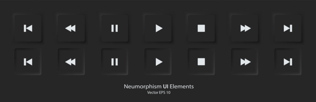Set of play button icons for music player mobile app. 3d modern design UI button. Neumorphism design style for Apps, Websites, and Interfaces. Vector illustration EPS 10.