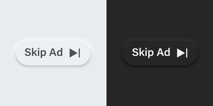 A set of black and white bar buttons with Skip ad symbols. Skip ad vector icon in trendy neumorphic style. 3D Neumorphism design style for Apps, Websites, Interfaces and mobile app menu.